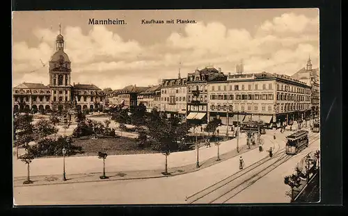 AK Mannheim, Kaufhaus mit Planken, Strassenbahn