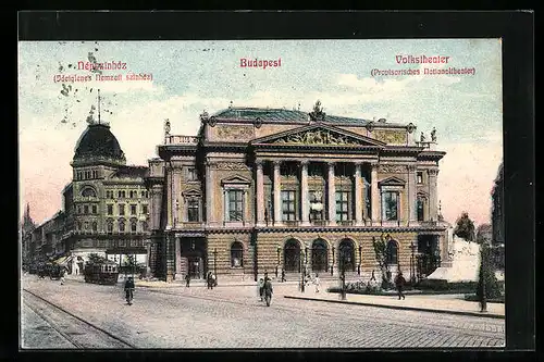 AK Budapest, Volkstheater und Strassenbahn