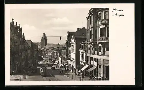 AK Plauen i. Vogtl., Strassenbahn in der Bahnhofstrasse