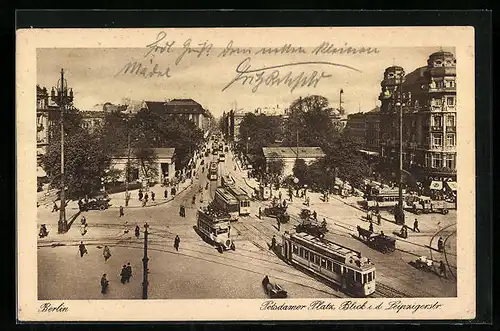 AK Berlin, Potsdamer Platz mit Strassenbahn, Blick in die Leipzigerstrasse