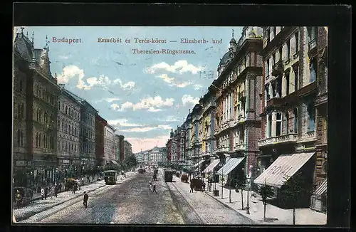 AK Budapest, Elisabeth- und Theresien-Ringstrasse mit Strassenbahn