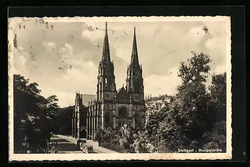 AK Stuttgart, Marienkirche und Strassenbahn
