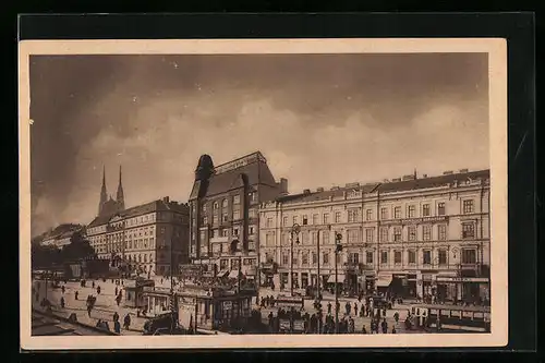 AK Brünn, Wilsonplatz mit Strassenbahnverkehr