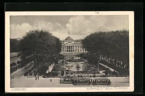 AK Wiesbaden, Kurhaus und Strassenbahnen