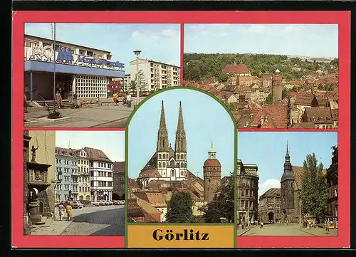 AK Görlitz, HO-Kaufhaus in Görlitz-Rauschwalde, Altstadt mit Nikolaikirche und Nikolaiturm, Blick zum Untermarkt