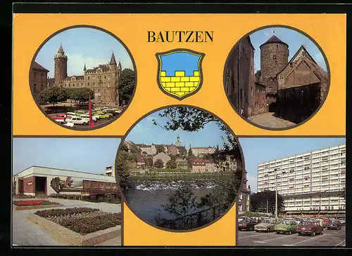 AK Bautzen, Wendischer Turm und Alte Kaserne, HO-Gaststätte Andena, Blick vom Spreeufer zur Altstadt