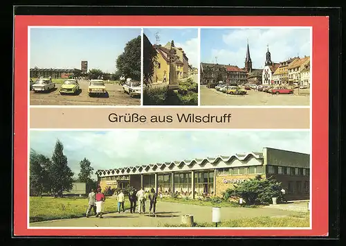 AK Wilsdruff, Blick zur Raststätte, Postmeilensäule, Markt, Autobahnraststätte