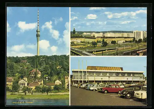 AK Dresden, Fernsehturm Wachwitz, Stadtblick über Hochstrasse, Kulturpalast