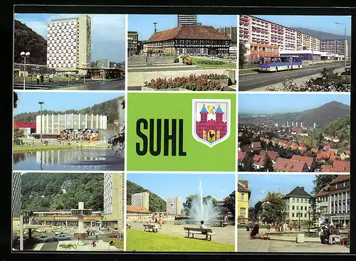 AK Suhl / Thür., Wilhelm-Pieck-Strasse, Waffenmuseum, Blick vom Döllberg, Digitaluhr, Steinweg