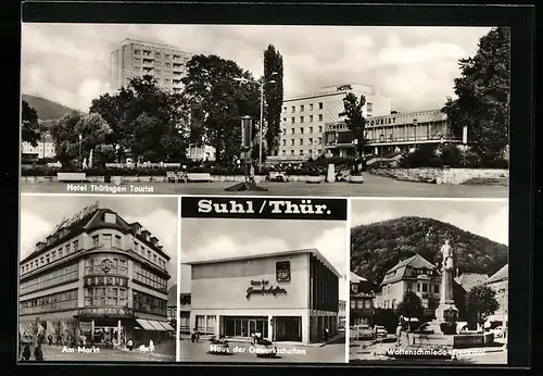 AK Suhl / Thür., Hotel Thüringen Tourist, Markt, Haus der Gewerkschaften, Waffenschmiede-Denkmal