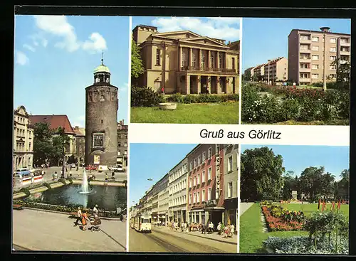 AK Görlitz, Marienplatz mit Frauenturm (Dicker Turm), Gerhart-Hauptmann-Theater, Neubaugebiet Weinhübel, Berliner Strasse