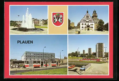 AK Plauen / Vogtl., Springbrunnen, Rathaus, Oberer Bahnhof und Punkthäuser