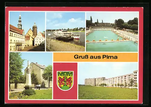 AK Pirna / Elbe, Markt mit Rathaus, Dampferanlegestelle, Geibel-Bad, Postmeilensäule und Neubauten