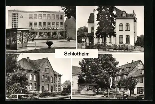 AK Schlotheim, Konsum-Kaufhaus, Landambulatorium, Theodor-Neubauer-Schule, Markt mit Apotheke