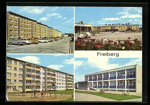 AK Freiberg, Neubauten an der Tschaikowskistrasse, Versorgungszentrum Unicent, Spielplatz Karl-Kegel-Strasse