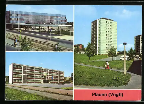 AK Plauen / Vogtl., Oberer Bahnhof, Salvador-Allende-Oberschule und Punkthaus