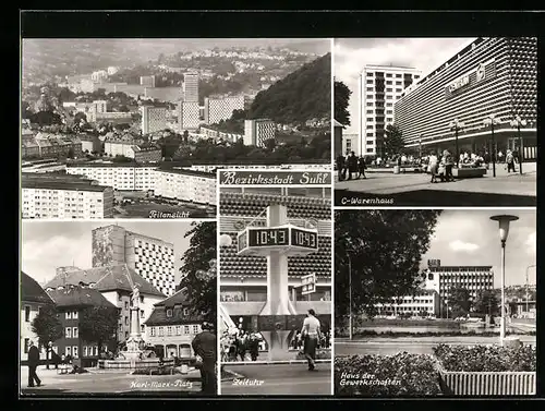 AK Suhl / Thür., Ortsansicht, Centrum-Warenhaus, Karl-Marx-Platz, Haus der Gewerkschaften, Zeituhr