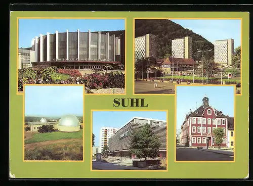 AK Suhl / Thür., Stadthalle der Freundschaft, Waffenmuseum und Hochhäuser, Schul- und Volkssternwarte, Rathaus