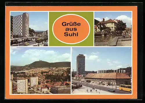 AK Suhl / Thür., Wilhelm-Pieck-Strasse, Dianabrunnen, Waffenmuseum und Ortspartie