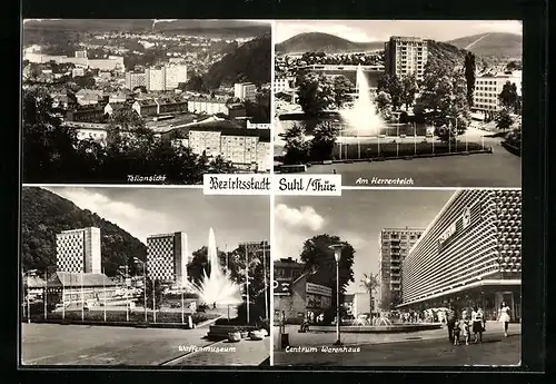 AK Suhl / Thür., Teilansicht, Herrenteich, Waffenmuseum und Centrum Warenhaus