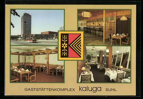 AK Suhl / Thür., Gaststättenkomplex kaluga mit Restaurant Freundschaft und Café im Hochhaus