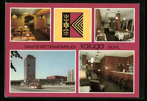 AK Suhl / Thür., Gaststättenkomplex kaluga mit Café im Hochhaus und Russisches Restaurant