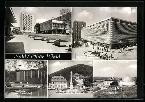 AK Suhl / Thür. Wald, CENTRUM-Warenhaus, Wilhelm-Pieck-Strasse, Stadthalle der Freundschaft, Volkssternwarte