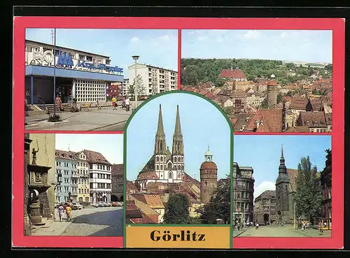 AK Görlitz, HO-Kaufhalle in Görlitz-Rauschwalde, Altstadt mit Nikolaikirche u. Nikolaiturm, Blick zum Untermarkt