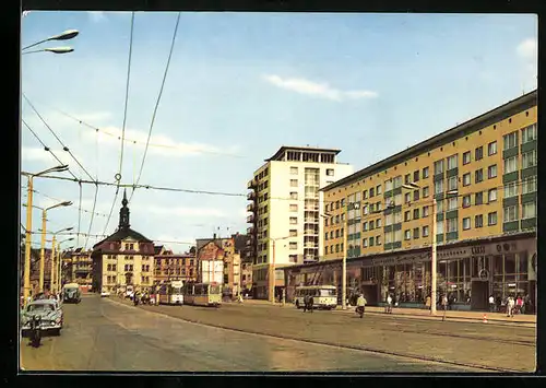 AK Gera, Strasse der Republik mit Strassenbahn