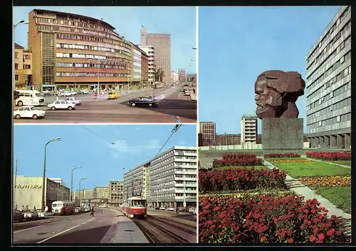 AK Karl-Marx-Stadt, Karl-Marx-Allee, Strasse der Nationen, Karl-Marx-Monument