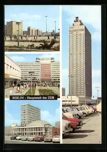 AK Berlin, Alexanderplatz mit Interhotel Stadt Berlin, Blick zur Karl-Marx-Allee, Haus der Elektroindustrie