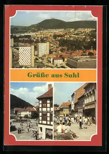 AK Suhl / Thür., Gesamtansicht, Dianabrunnen, Steinweg