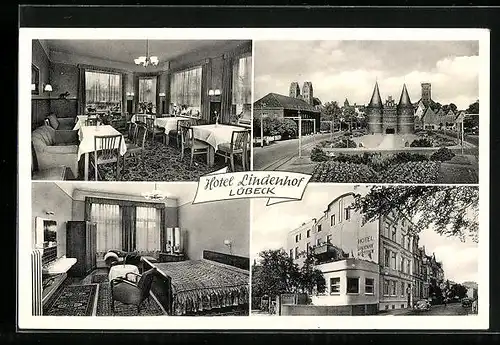AK Lübeck, Hotel Lindenhof, Aussen- und Innenansichten, Stadtansicht