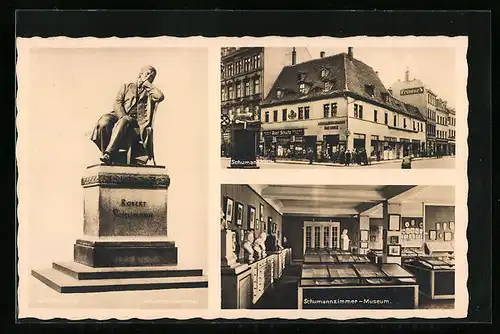 AK Zwickau i. Sa., Schumannhaus und Schumanndenkmal