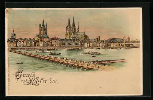Lithographie Köln a. Rh., Teilansicht mit Kölner Dom vom Rhein aus gesehen