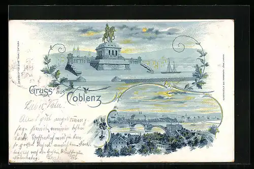 Lithographie Coblenz, Denkmal und Gesamtansicht