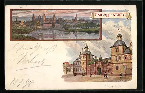 Künstler-AK Aschaffenburg, Gebäude mit Tor, Totalansicht