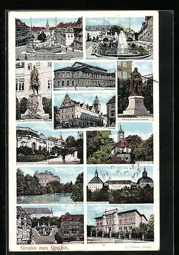 AK Gotha, Hauptmarkt, Wasserkunst am Schlossberg, Bismarckdenkmal, Schloss Friedenstein und Museum