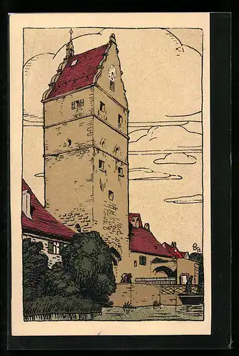 Steindruck-AK Dinkelsbühl, Wörnitz-Tor mit Mühlgraben