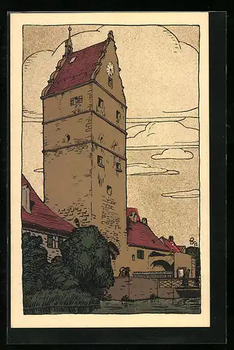 Steindruck-AK Dinkelsbühl, Wörnitz-Tor mit Mühlgraben