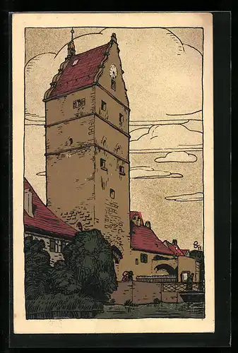 Steindruck-AK Dinkelsbühl, Wörnitz-Tor mit Mühlgraben