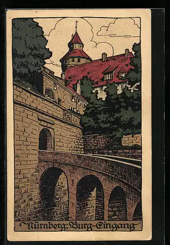 Steindruck-AK Nürnberg, Burg-Eingang