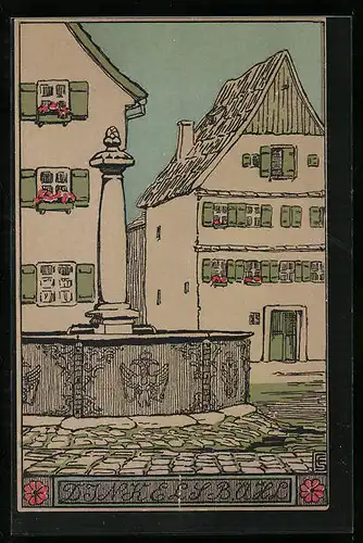 Steindruck-AK Dinkelsbühl, Platz mit Brunnen