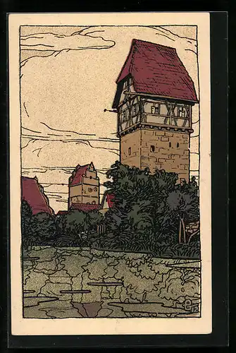 Steindruck-AK Dinkelsbühl, Bäuerlins-Turm am Mühlgraben