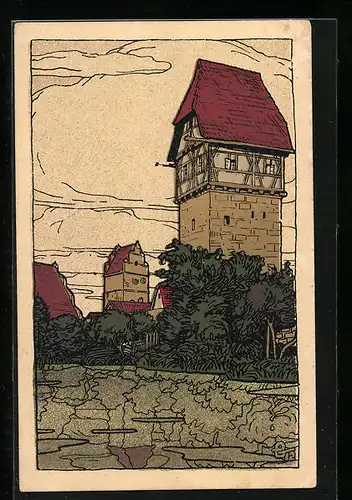 Steindruck-AK Dinkelsbühl, Bäuerlins-Turm am Mühlgraben