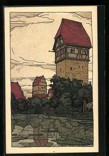Steindruck-AK Dinkelsbühl, Bäuerlins-Turm am Mühlgraben