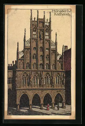 Steindruck-AK Münster i. W., Rathaus