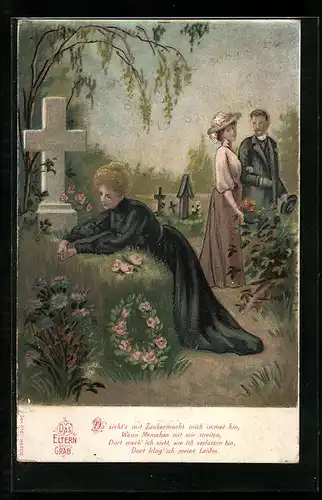 Lithographie Das Elterngrab, Frau trauert kniend vor dem Grab