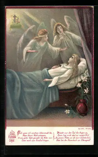 Lithographie Das Elterngrab, zwei Schutzengel bei einer Frau am Bett