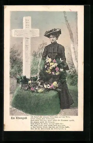 AK Am Elterngrab, trauernde Frau mit Blumen